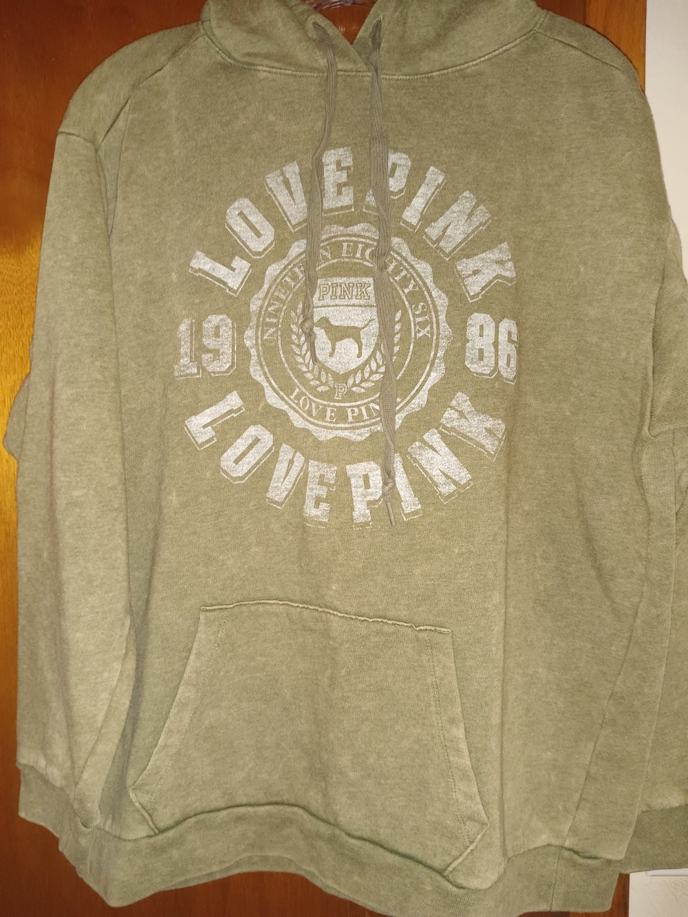 PINK Victoria's Secret Olive Green Crewneck Hoodie with White Logo
